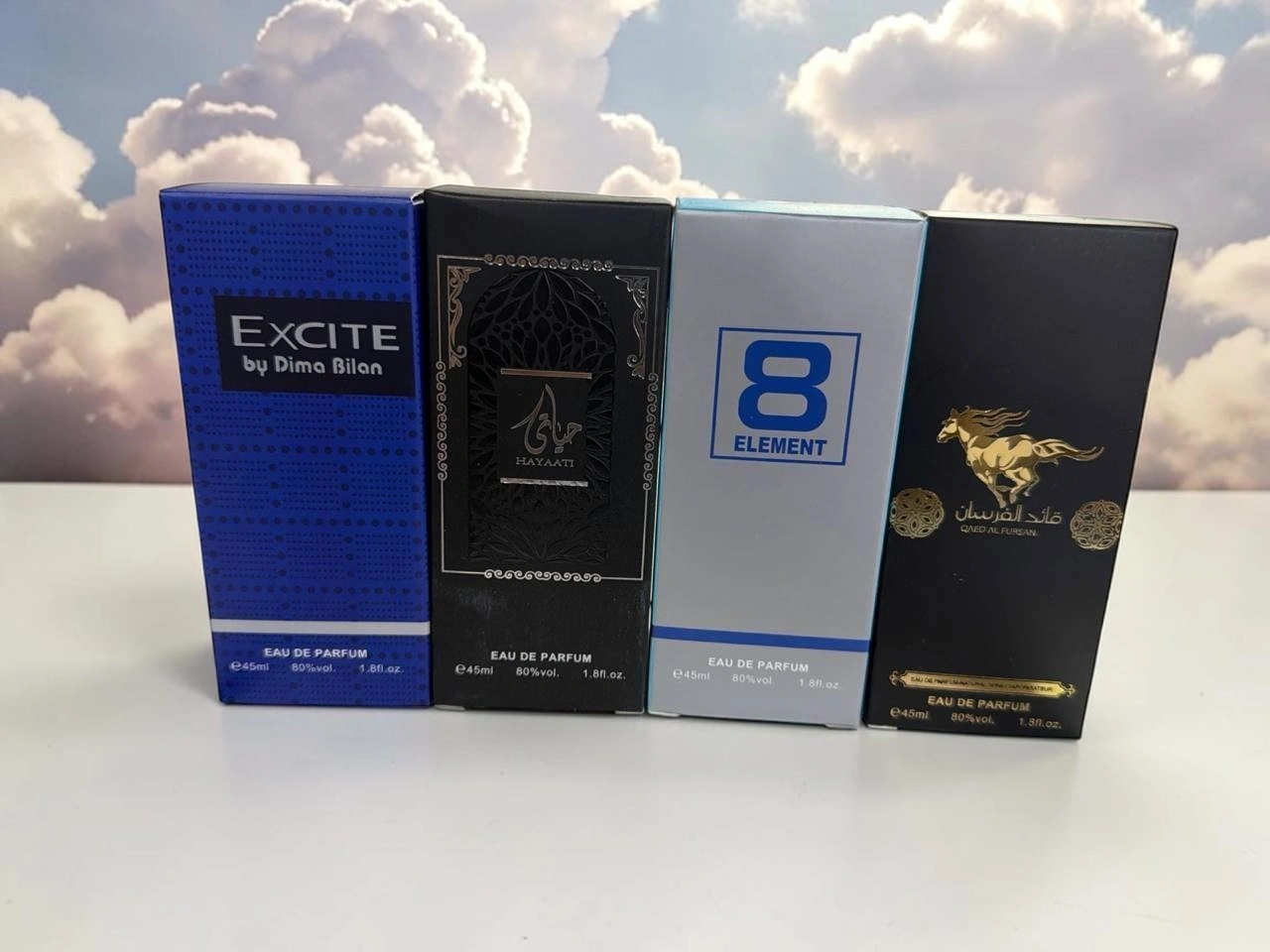 Premium perfume set - Excite, Hayaati, 8 Element, Qaed Al Fursan (4 pieces) / White